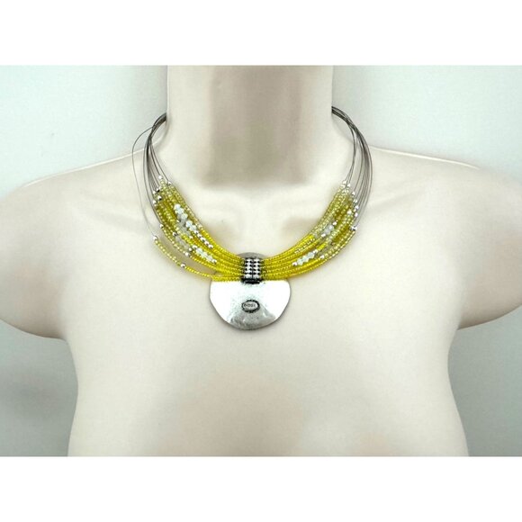 CHICO'S‎ NECKLACE Jewelry Statement Yellow White Beaded Silver Hammered Choker - Picture 1 of 4